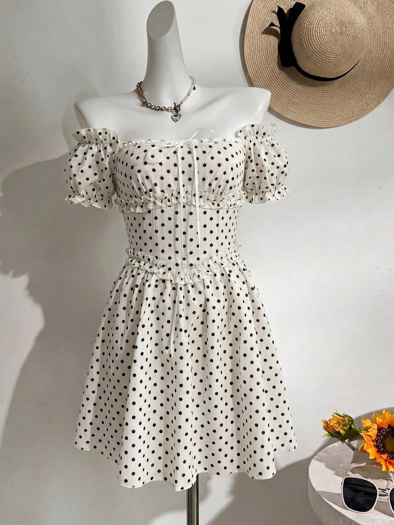 SHEIN Glamine Charm Off Shoulder Polka Dot Ruffle Mini Dress