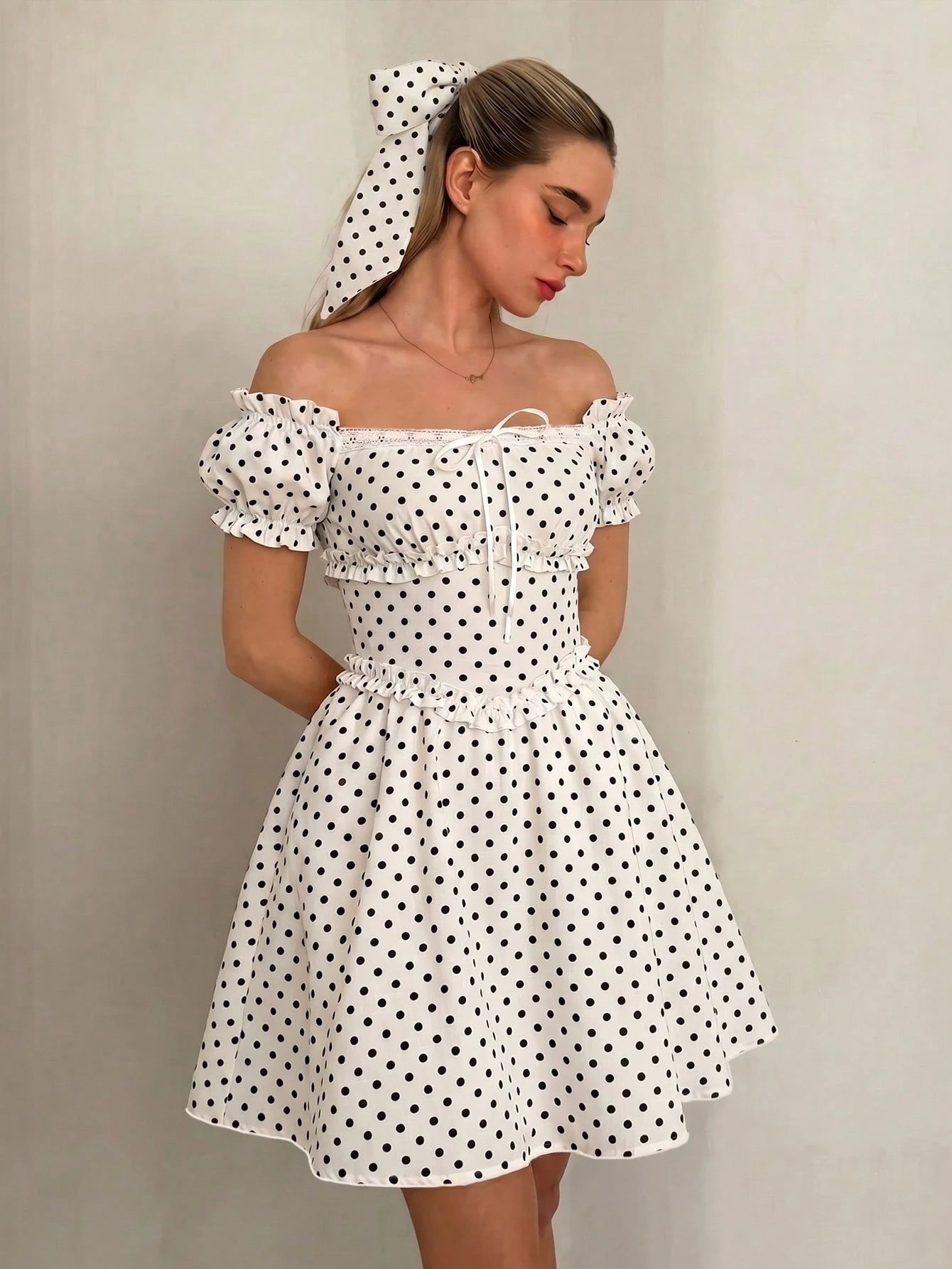 SHEIN Glamine Charm Off Shoulder Polka Dot Ruffle Mini Dress