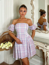 SHEIN Glamine Charm Vacation Casual Plaid Wrap Chest Short Sleeve Elegant Dress
