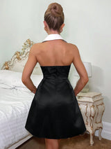 SHEIN Glamine Charm Women's Black And White Contrast Satin Decor Backless Dress
