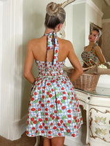 SHEIN Glamine Charm Women's White And Blue Floral Summer Modest Picnic Holiday Fruit Print Dress