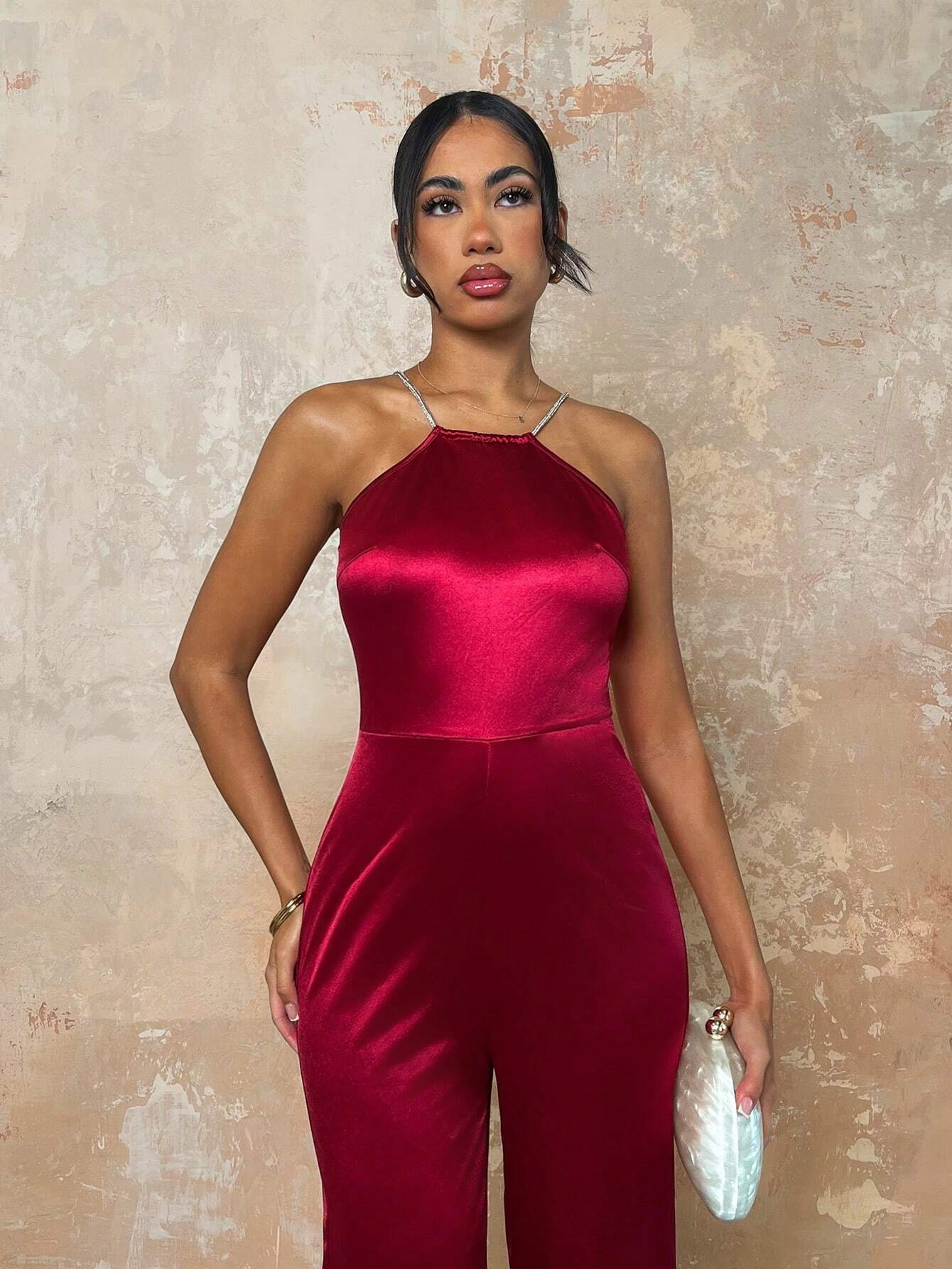 SHEIN Glamine Women's Red Color Elegant Backless Satin Jumpsuit, Suitable For Party And Formal Occasions
