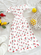 SHEIN GlowEve New Arrival Off-Shoulder Woven Printed Dress With Waist Drawstring Design