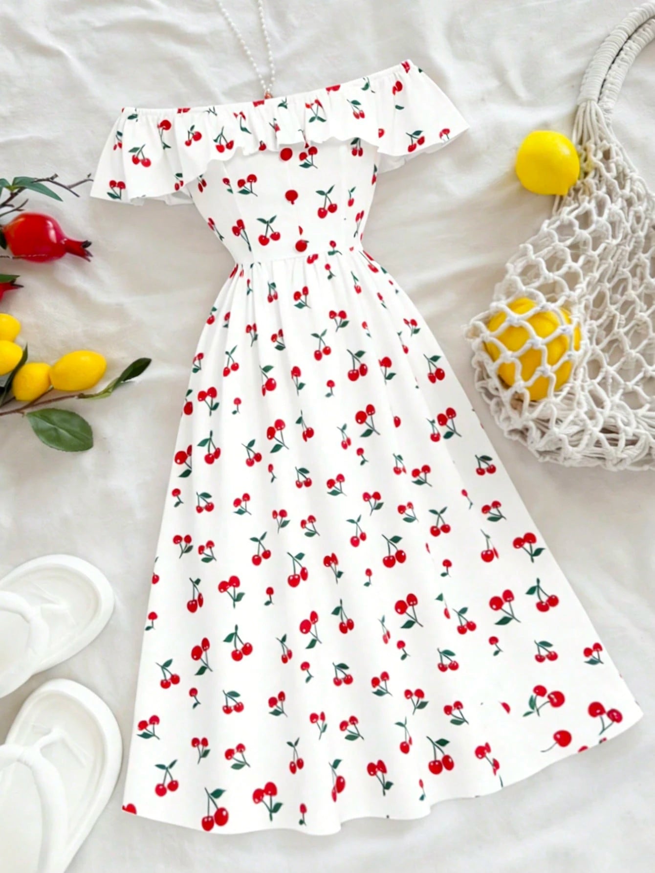 SHEIN GlowEve New Arrival Off-Shoulder Woven Printed Dress With Waist Drawstring Design