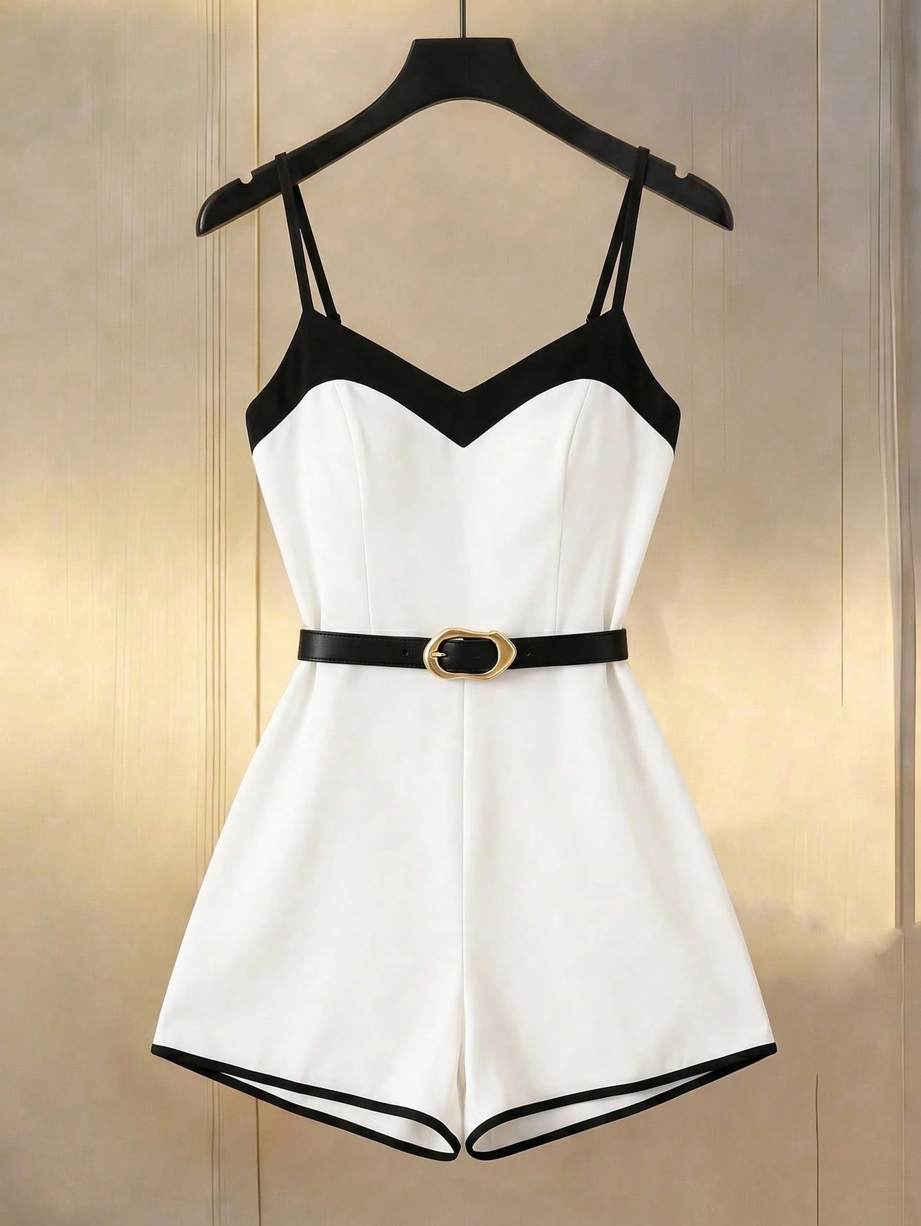 SHEIN GlowEve Women's Black And White Contrast Trim V-Neck Sleeveless Jumpsuit