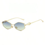 Gold-framed sunglasses with blue gradient lenses on a white background