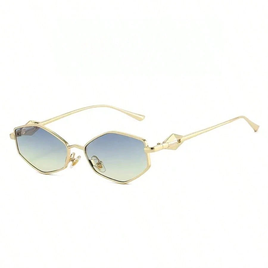 Gold-framed sunglasses with blue gradient lenses on a white background