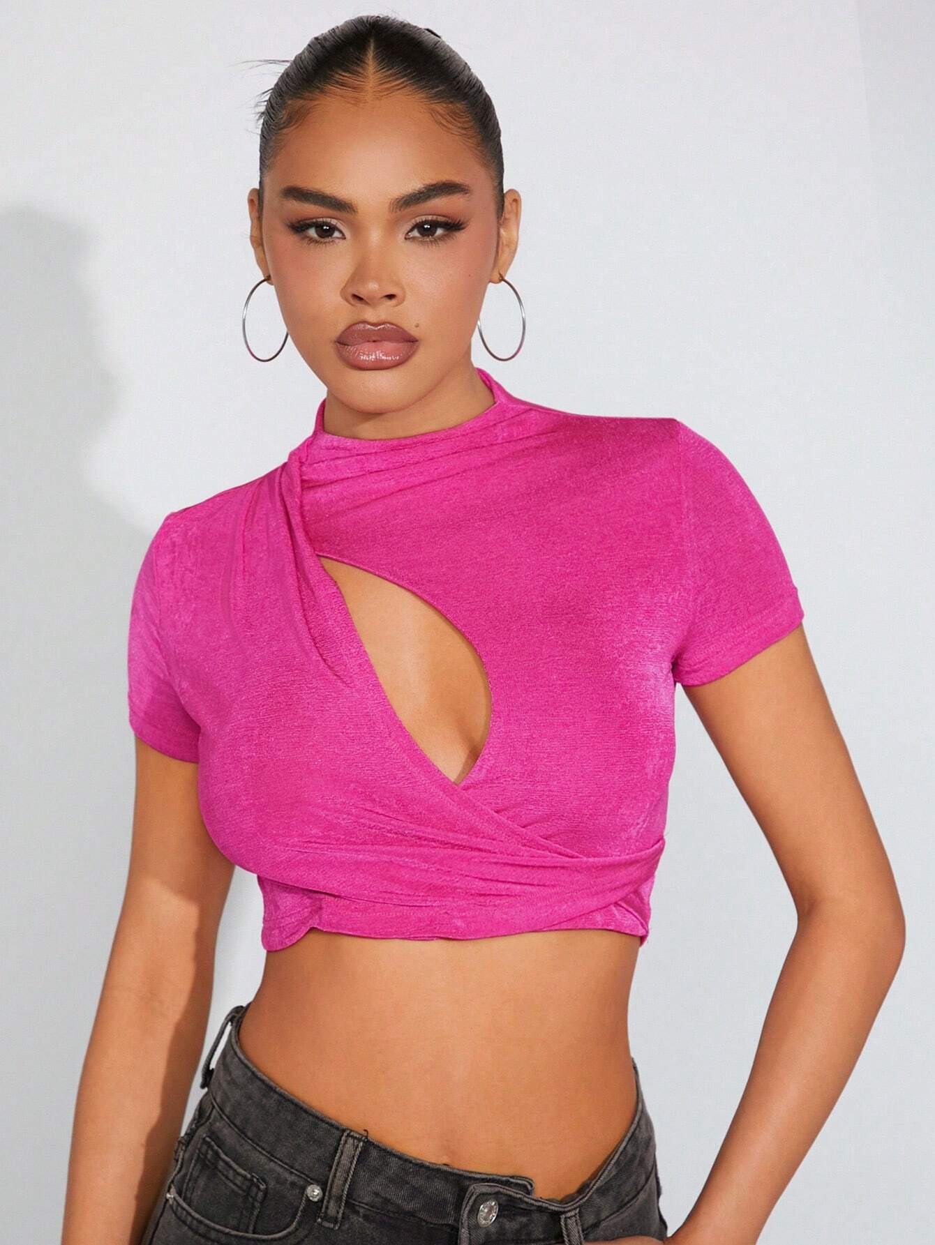 SHEIN Hauture Wrap Cut Out Short Sleeve Crop Top