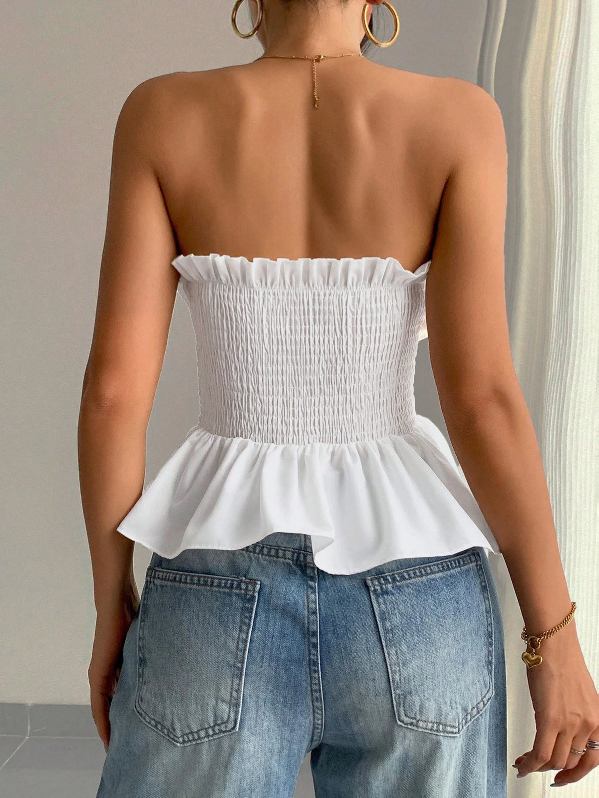 SHEIN INAWLY Off Shoulder Ruffled Hem Crop Top Peplum