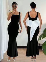 SHEIN Islaluna Square Neck Long Bodycon Dress Women's Backless Bow Design
