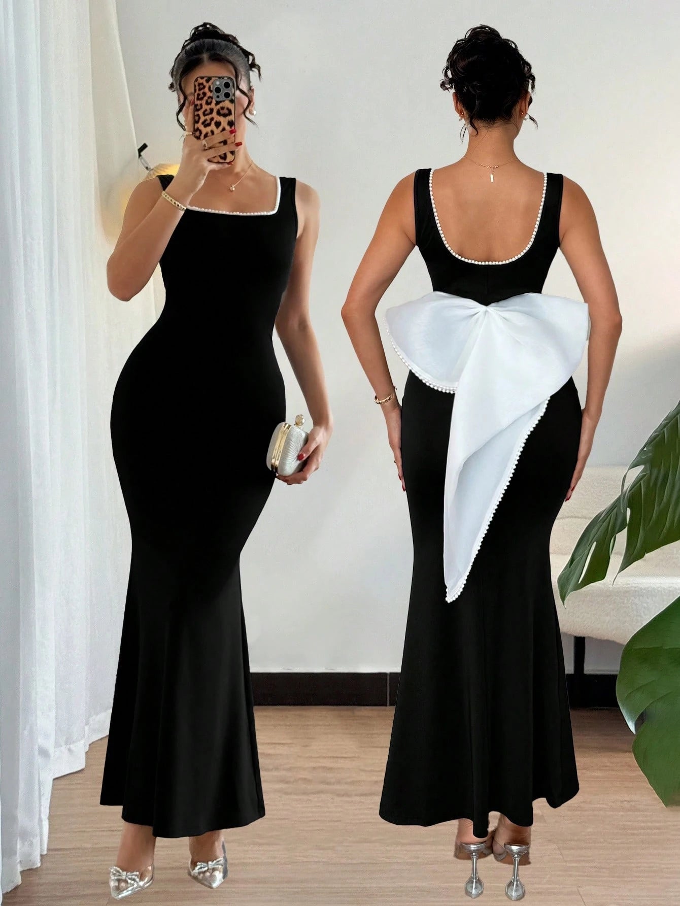 SHEIN Islaluna Square Neck Long Bodycon Dress Women's Backless Bow Design