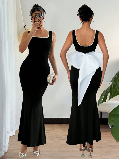 SHEIN Islaluna Square Neck Long Bodycon Dress Women's Backless Bow Design