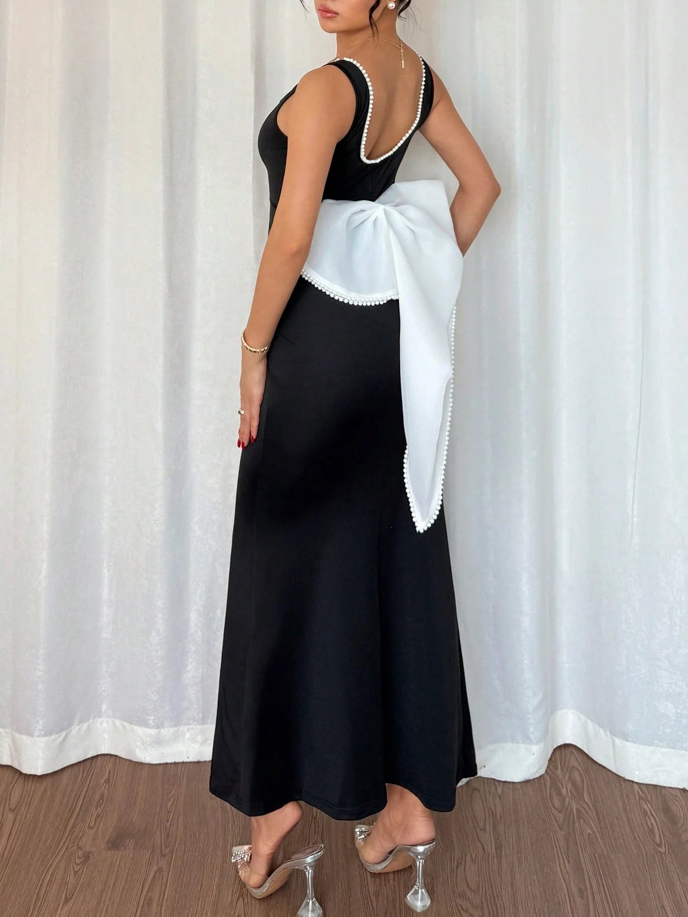 SHEIN Islaluna Square Neck Long Bodycon Dress Women's Backless Bow Design