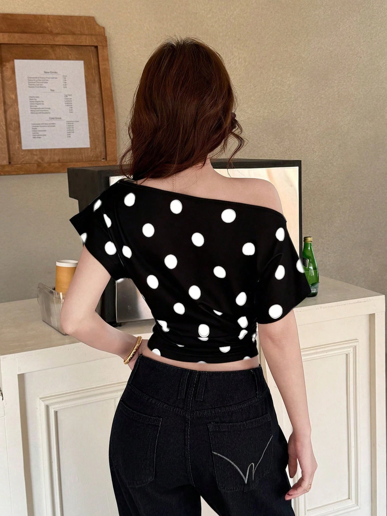 SHEIN K-Vae Light Blue Polka Dot Ruched Off-Shoulder Crop Top For Women, Asymmetric Neckline Short Sleeve Blouse, Y2K Sweet Casual Style,Summer Top