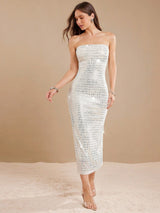 L'Amorae Elegant Strapless Sequin Foldover Fitter Summer Vacation Midi Dress