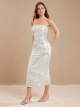 SHEIN L'Amorae Elegant Strapless Sequin Foldover Fitter Summer Vacation Midi Dress