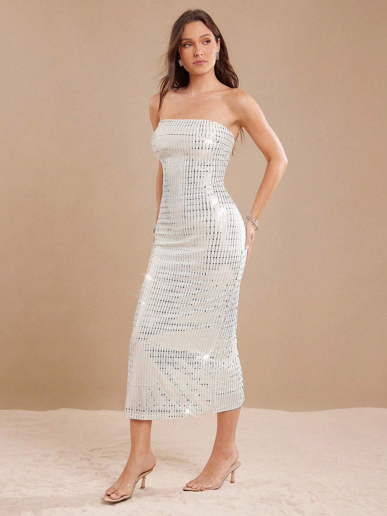 SHEIN L'Amorae Elegant Strapless Sequin Foldover Fitter Summer Vacation Midi Dress