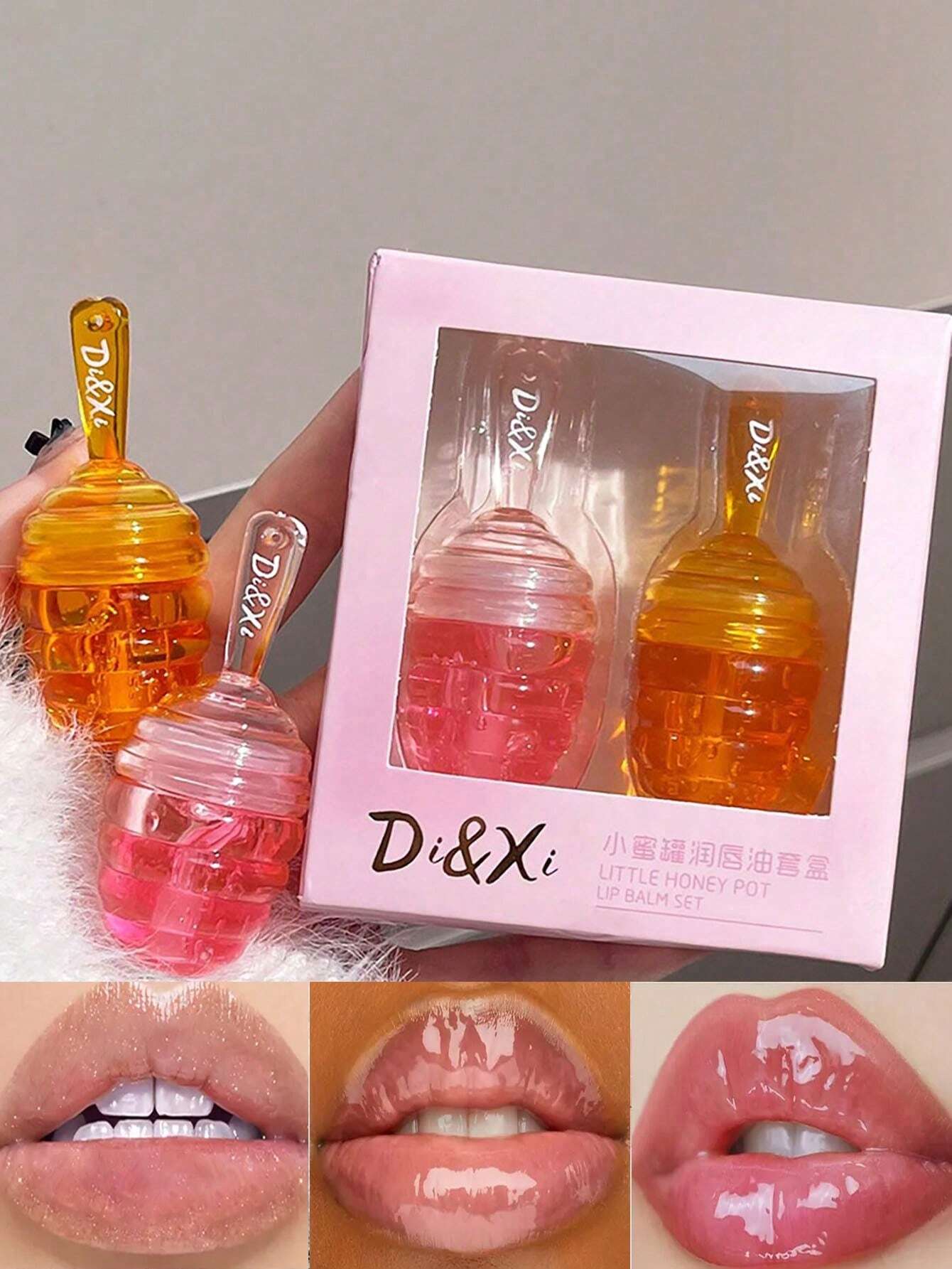 Di&Xi lip gloss set with packaging and close-up of lips wearing the gloss.