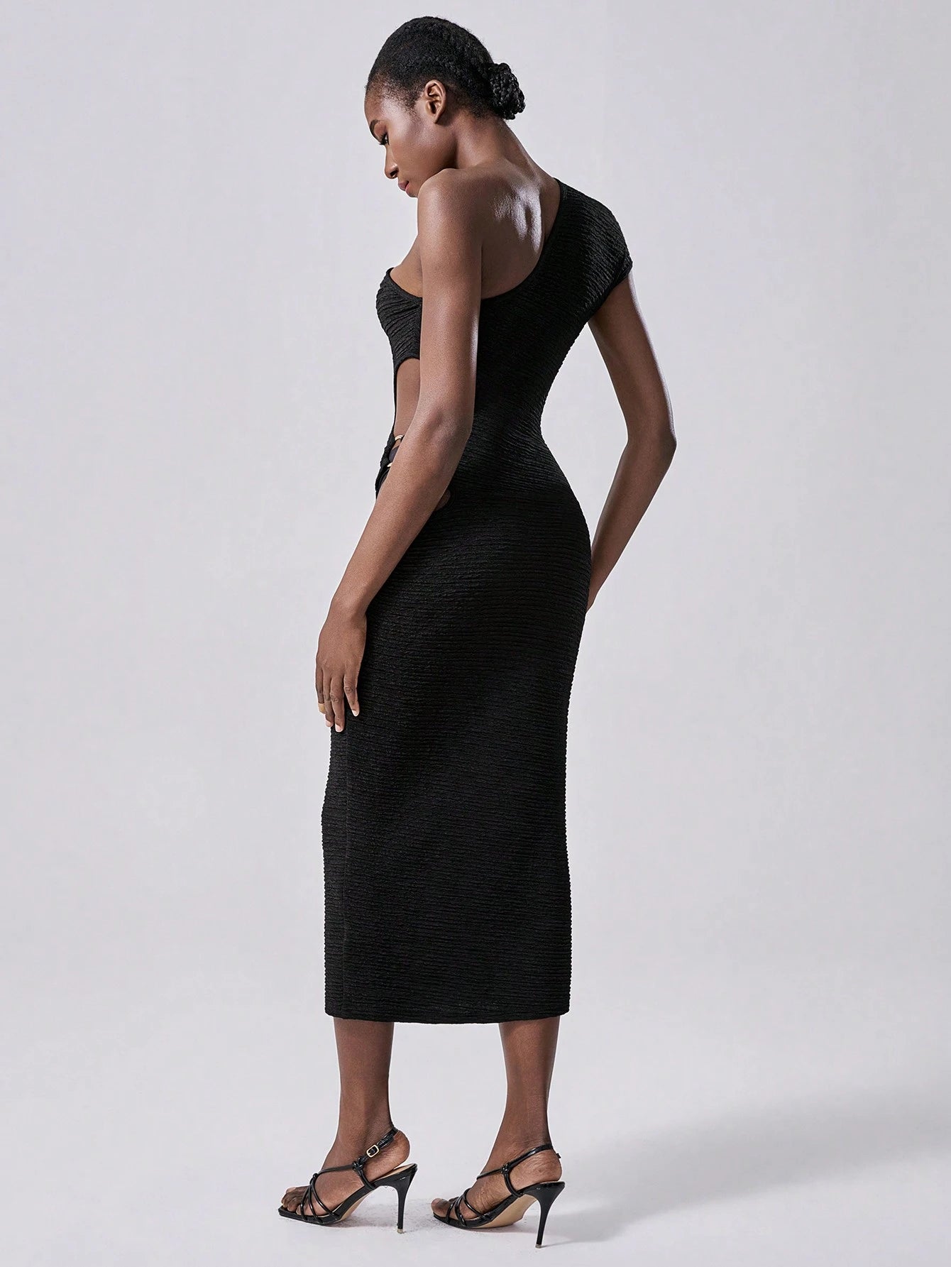 SHEIN Lumivelle Black Long Textured Dress, New Fashion Slanted Shoulder