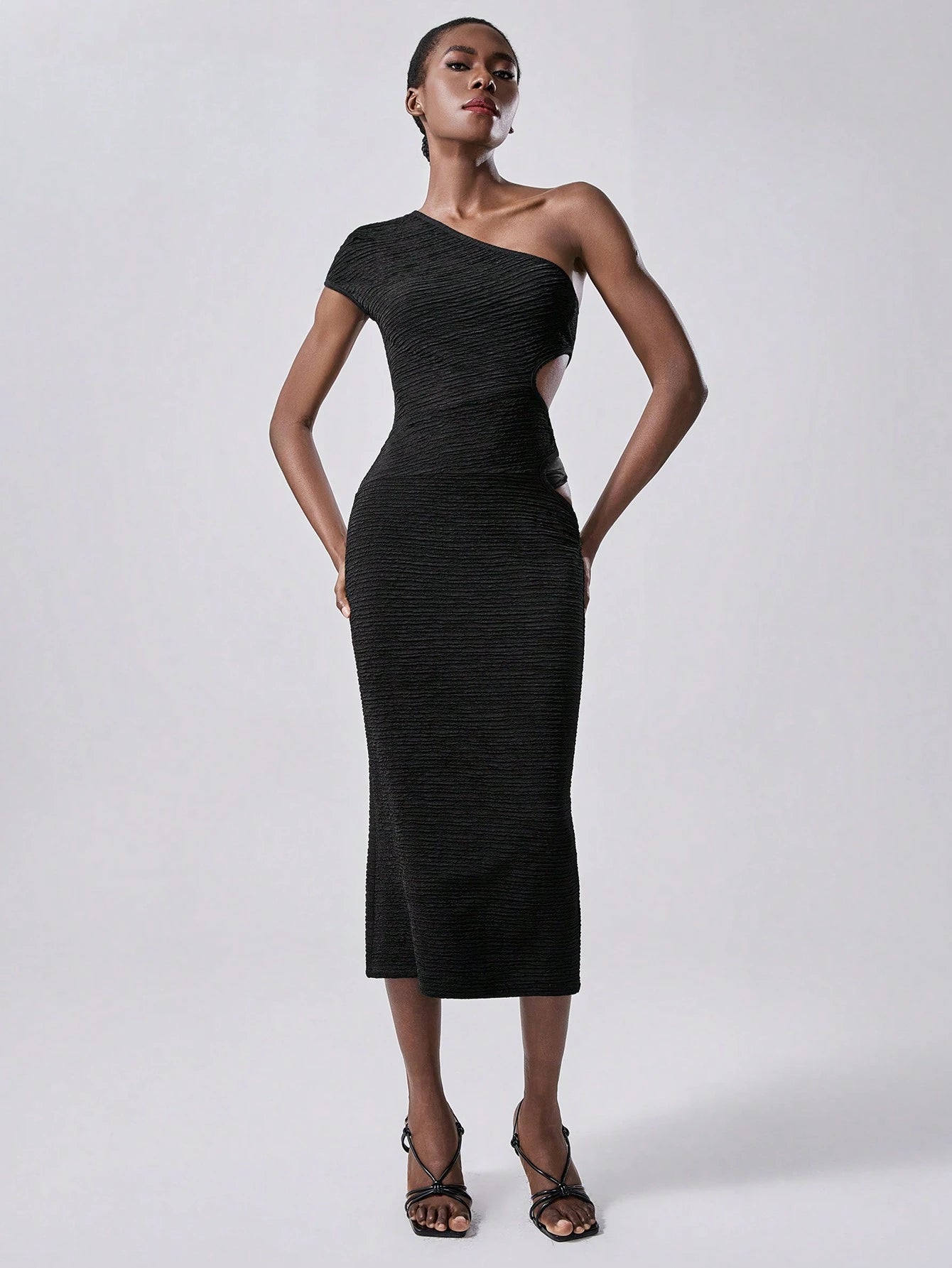 SHEIN Lumivelle Black Long Textured Dress, New Fashion Slanted Shoulder