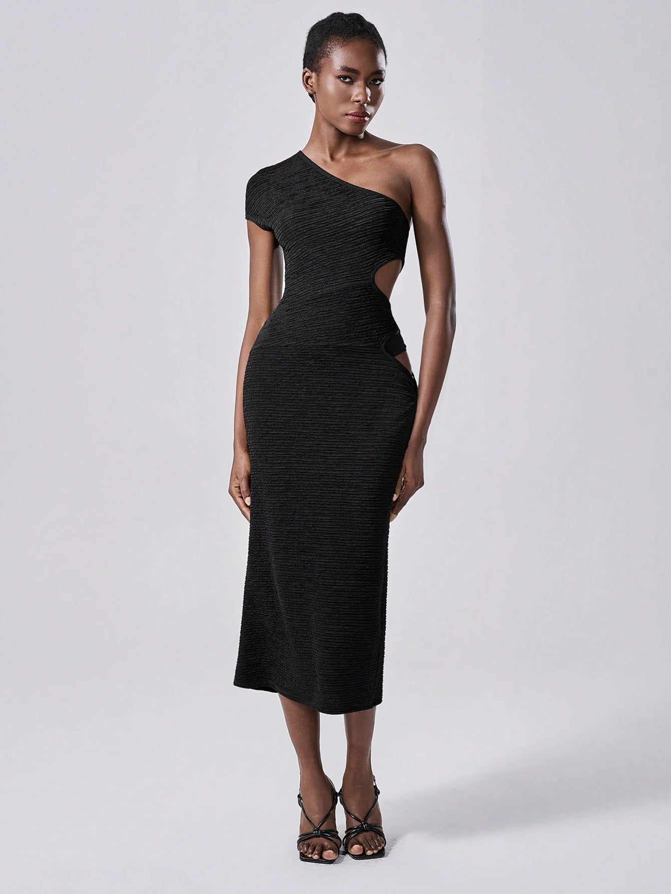 SHEIN Lumivelle Black Long Textured Dress, New Fashion Slanted Shoulder