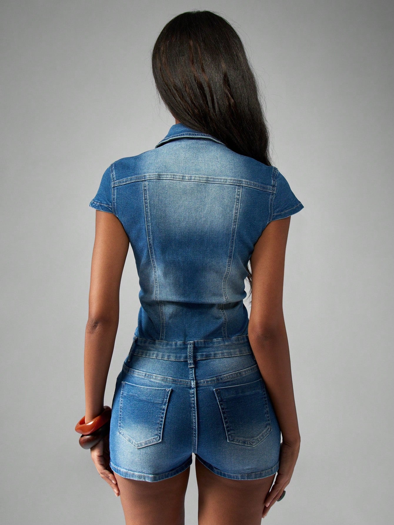 SHEIN MISSGUIDED Denim Romper Button Front Playsuit Cap Sleeve Collared