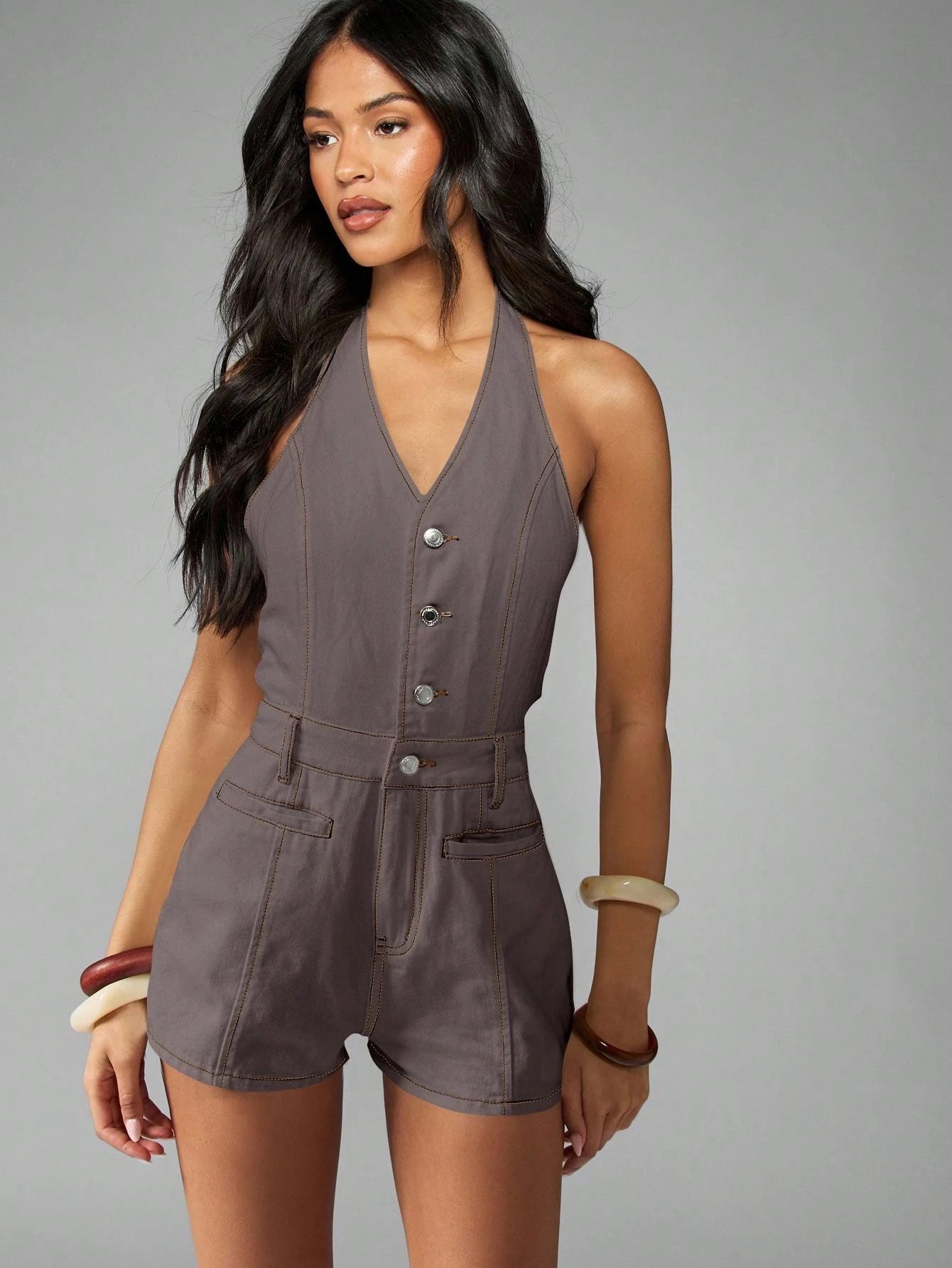 MISSGUIDED Vintage Inspired Halter Neck Button Through Playsuit Denim Style Romper