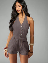 MISSGUIDED Vintage Inspired Halter Neck Button Through Playsuit Denim Style Romper