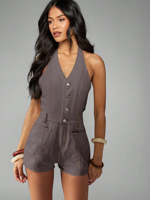 MISSGUIDED Vintage Inspired Halter Neck Button Through Playsuit Denim Style Romper
