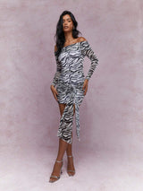 SHEIN MISSGUIDED Zebra Print Ruched Wrap Detail Waist Long Sleeves Bardot Mini Dress