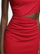 Maija 2025 Summer & Autumn New Red Round Neckline Metal Button Shoulder Design Asymmetrical Cut Waist Hollow Out Casual Business Dress