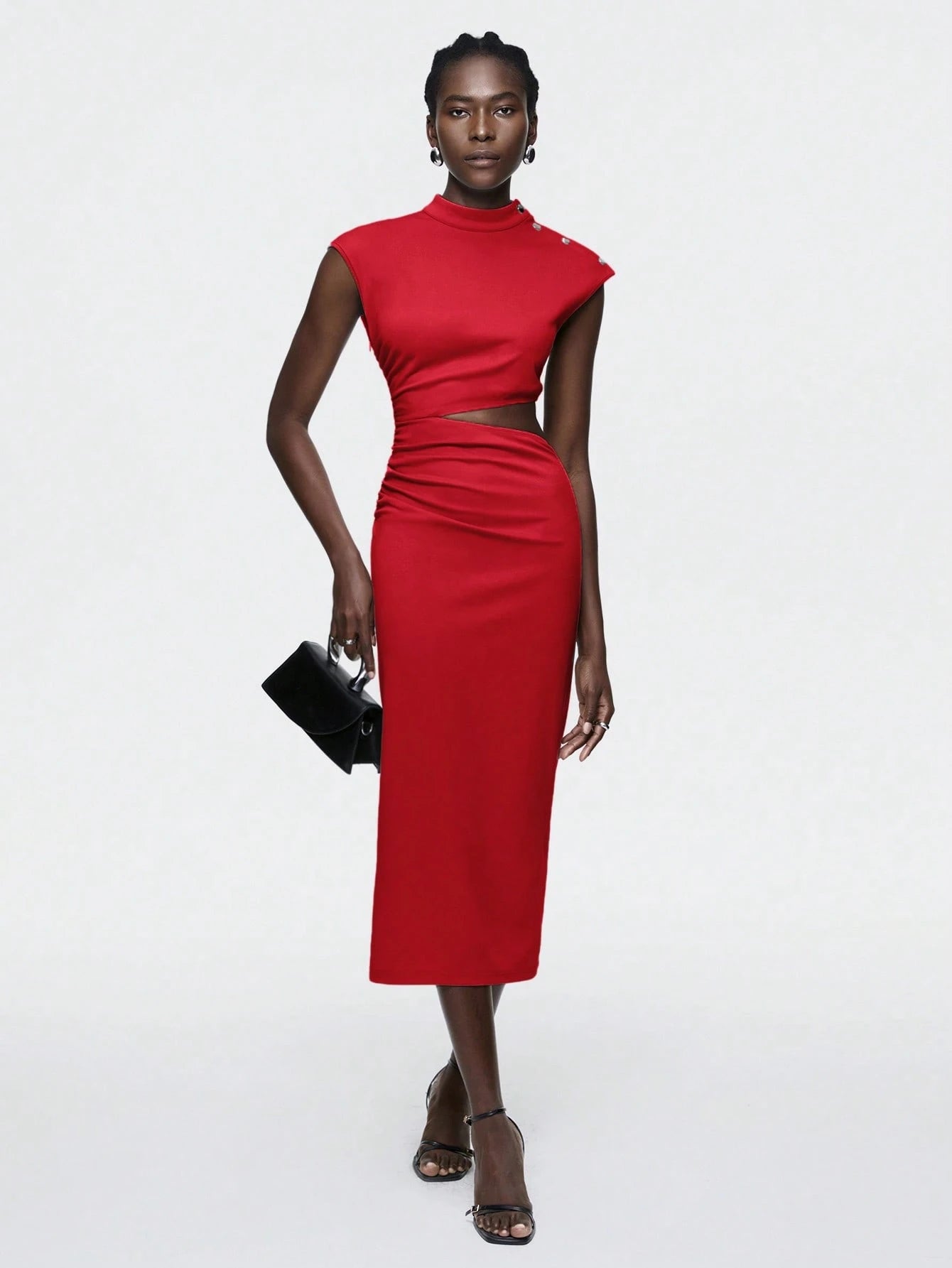 SHEIN Maija 2025 Summer & Autumn New Red Round Neckline Metal Button Shoulder Design Asymmetrical Cut Waist Hollow Out Casual Business Dress