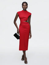 SHEIN Maija 2025 Summer & Autumn New Red Round Neckline Metal Button Shoulder Design Asymmetrical Cut Waist Hollow Out Casual Business Dress