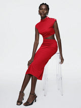 Maija 2025 Summer & Autumn New Red Round Neckline Metal Button Shoulder Design Asymmetrical Cut Waist Hollow Out Casual Business Dress