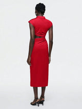 SHEIN Maija 2025 Summer & Autumn New Red Round Neckline Metal Button Shoulder Design Asymmetrical Cut Waist Hollow Out Casual Business Dress