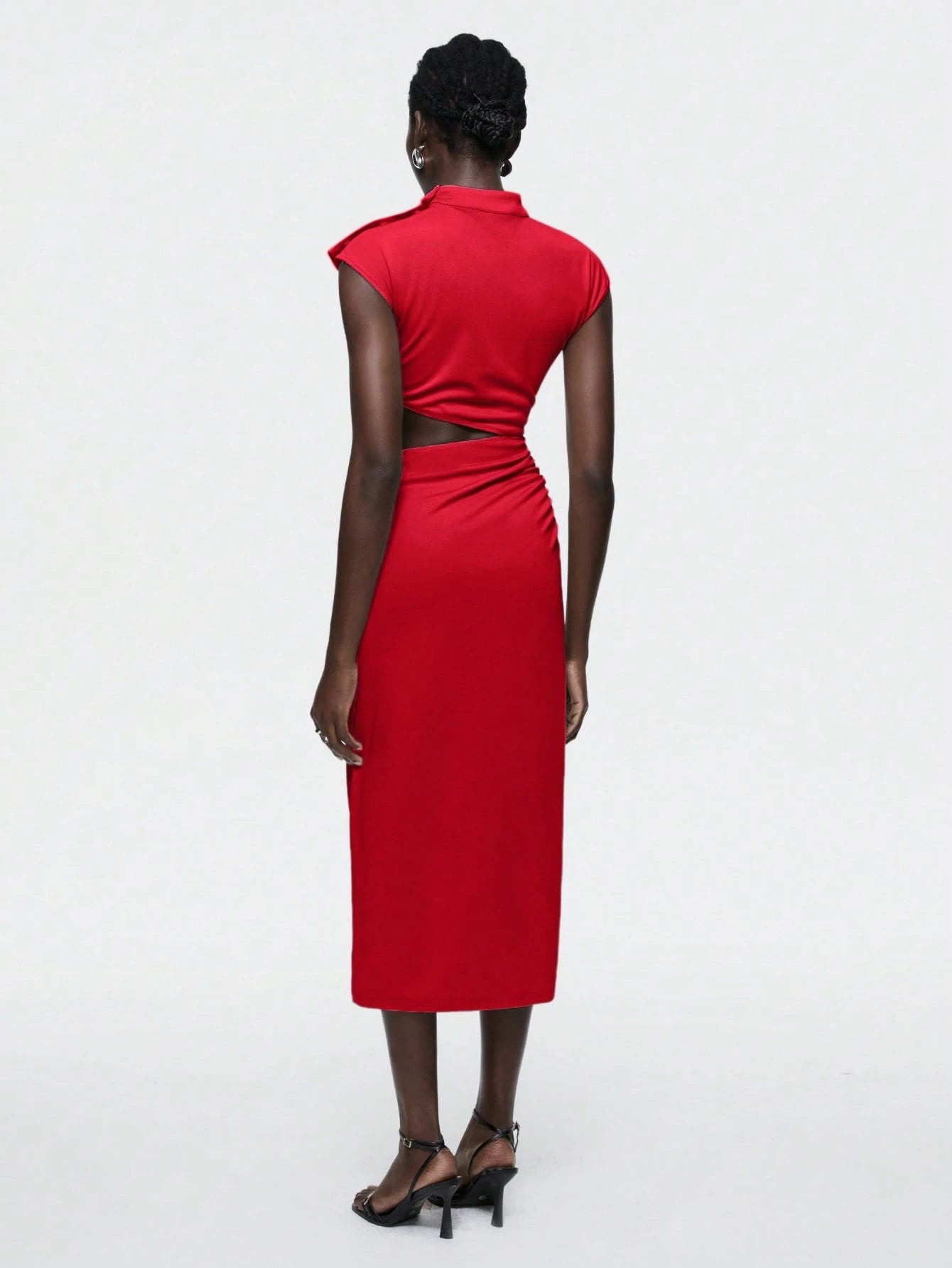 SHEIN Maija 2025 Summer & Autumn New Red Round Neckline Metal Button Shoulder Design Asymmetrical Cut Waist Hollow Out Casual Business Dress