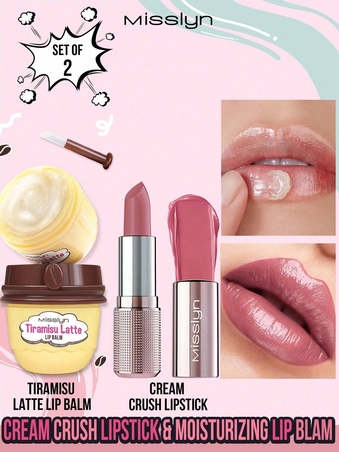 SHEIN Misslyn Cream Crush Lipstick & Moisturizing Lip Blam,2 Pcs,Cream Crush Lipstick, Creamy Non-Stick Hydrating Lipstick, Creamy Hydrating