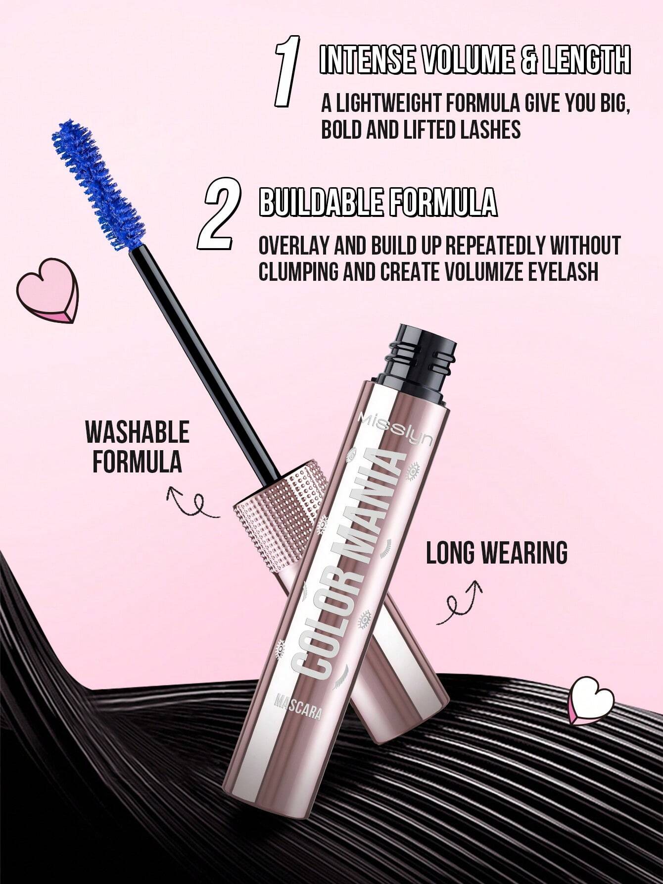 SHEIN Misslyn Color Mania Mascara, Smudge Proof, Dramatic Volume, Long-Wearing