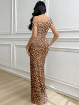 SHEIN Modelyn Women's Elegant Leopard Print Maxi Dress: Asymmetrical Neck, Short Sleeve, Semi-Sheer Knitted Fabric, Split Hem Long Dress