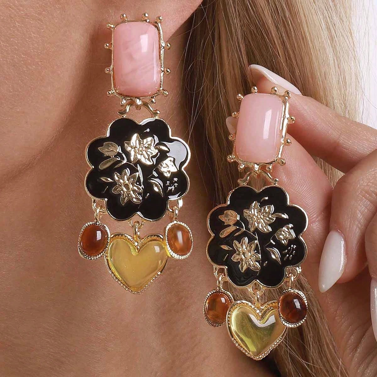 SHEIN Mydear 1 Pair Vintage Palace Style Drip Oil Flower & Geometric Resin Heart Pendant Earrings, Suitable For Women's Daily & Party Wear