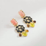 SHEIN Mydear 1 Pair Vintage Palace Style Drip Oil Flower & Geometric Resin Heart Pendant Earrings, Suitable For Women's Daily & Party Wear