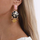 SHEIN Mydear 1 Pair Vintage Palace Style Drip Oil Flower & Geometric Resin Heart Pendant Earrings, Suitable For Women's Daily & Party Wear
