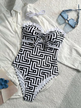 SHEIN New Fashionable Sexy Elegant Striped Lace Ruffle Bust Bow Detachable Strap One-Piece