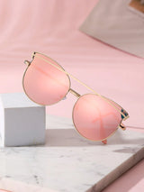 SHEIN Pink Retro Cat Eye Frame Oversized Metal Sunglasses, Classic Style For Outdoor Travel Beach Casual Wear, Summer UV Protection Driving Glasses