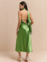 SHEIN Poéselle Green Elegant Dress,Women's Solid Color High Slit Backless Dress