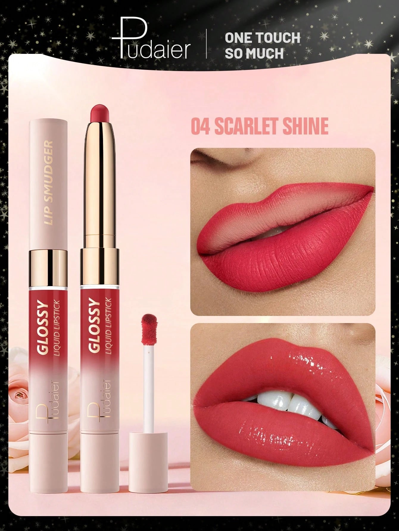 Pudaier Glossy Liquid Lipstick set with scarlet shine color on a pink background