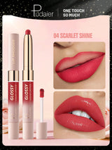 Pudaier Glossy Liquid Lipstick set with scarlet shine color on a pink background