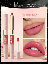 Pudaier Glossy lipstick set with '07 Berry Glaze' color on a pink background