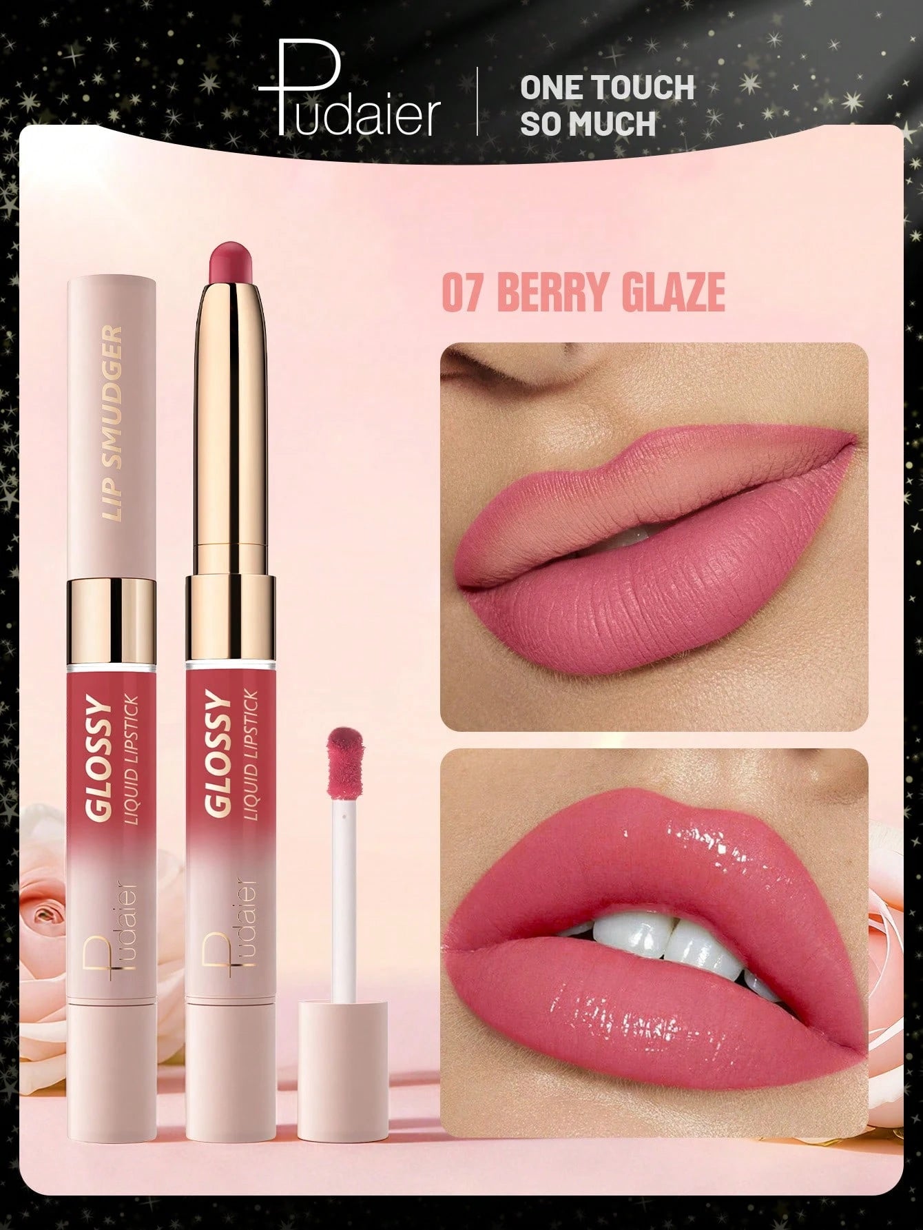 Pudaier Glossy lipstick set with '07 Berry Glaze' color on a pink background