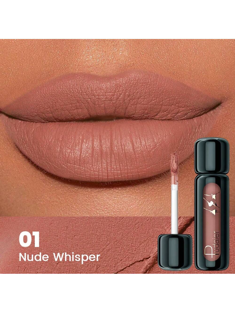 Lipstick with 'Nude Whisper' shade on a close-up of lips and product packaging.